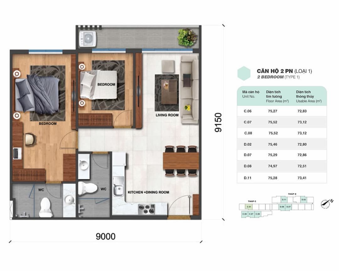 CĂN HỘ CHARM CITY DĨ AN - BÀN GIAO CĂN HỘ CHARM RUBY 57 Căn hộ 2 phòng ngủ (loại 1) Charm City Bình Dương