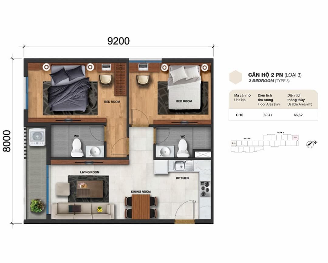CĂN HỘ CHARM CITY DĨ AN - BÀN GIAO CĂN HỘ CHARM RUBY 59 Căn hộ 2 phòng ngủ (loại 3) Charm City Bình Dương