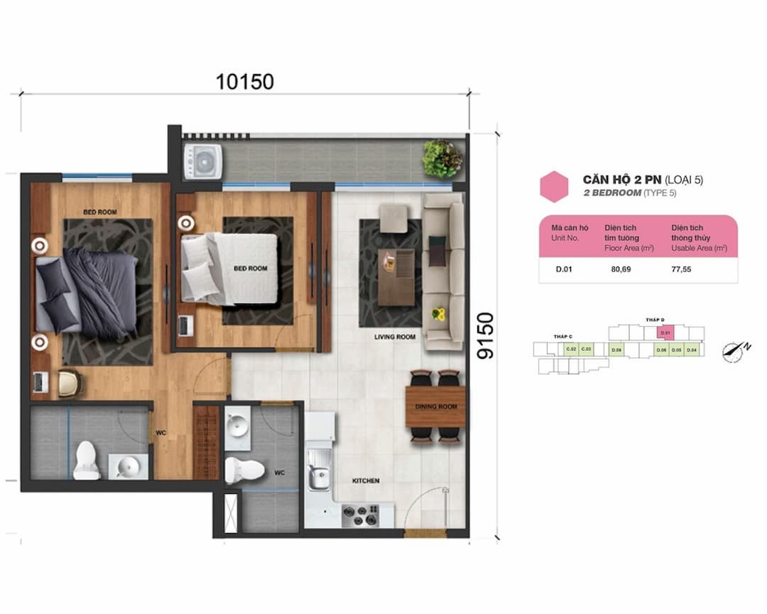 CĂN HỘ CHARM CITY DĨ AN - BÀN GIAO CĂN HỘ CHARM RUBY 61 Căn hộ 2 phòng ngủ (loại 5) Charm City Bình Dương